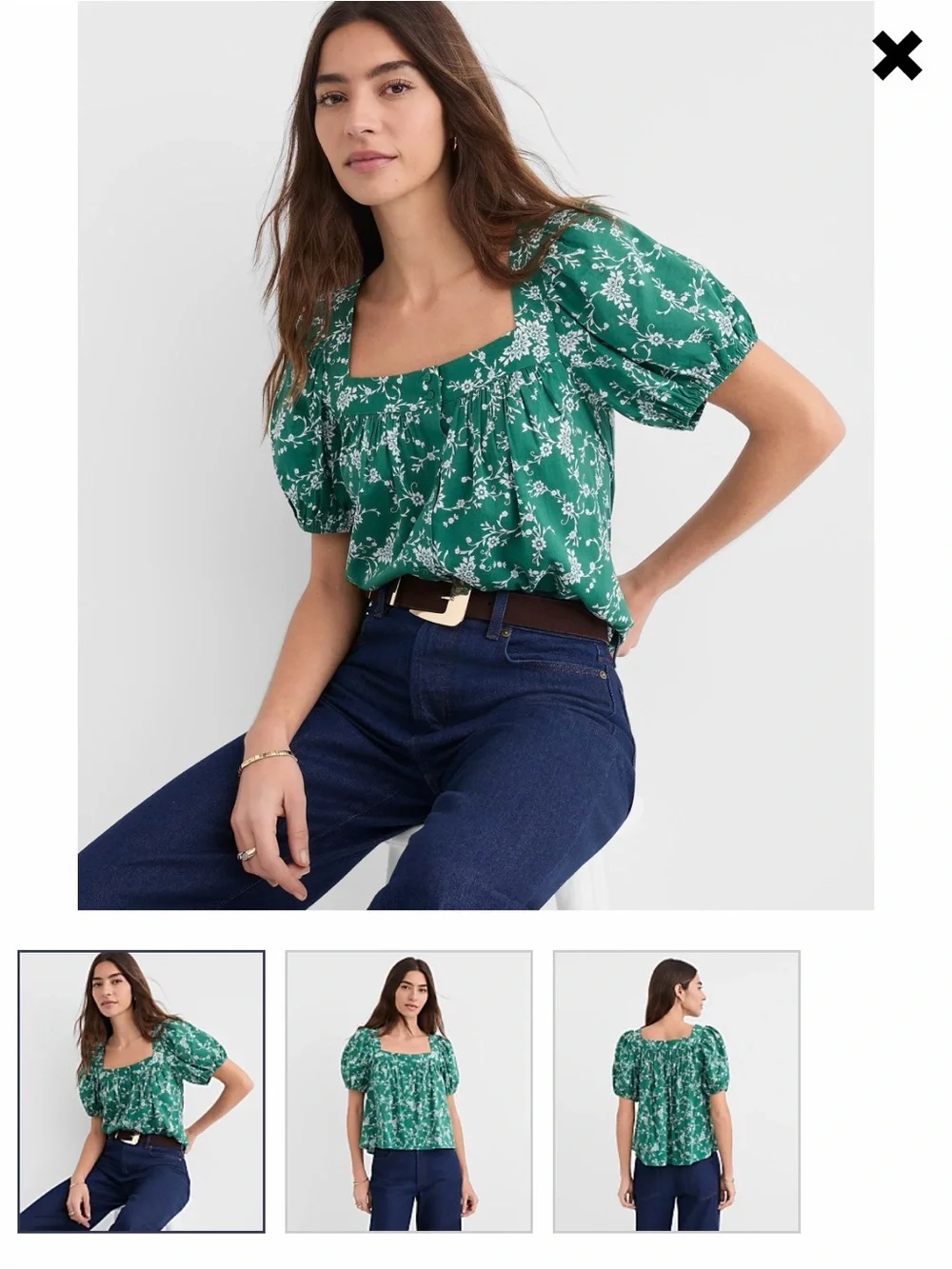 LOFT Green Floral Square-Neck Puff Sleeve Blouse